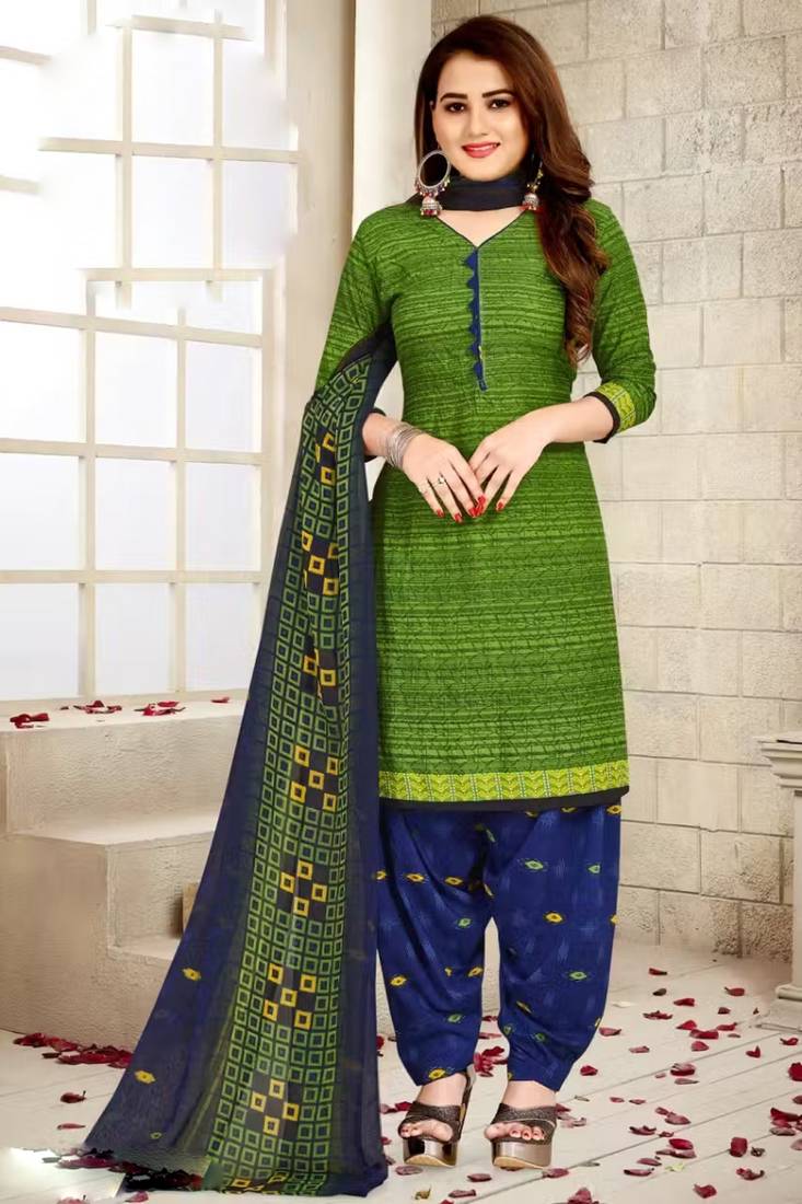 Parrot green crepe printed unstitched dress material