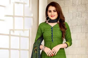 Parrot green crepe printed unstitched dress material 2