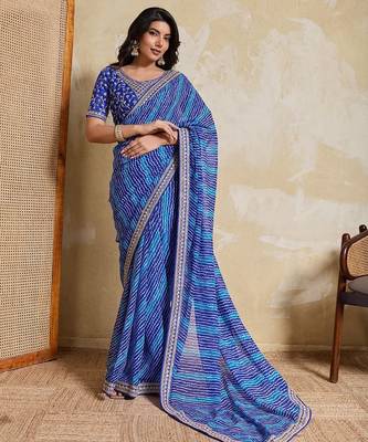 Blue Striped Designer Saree for Women 1