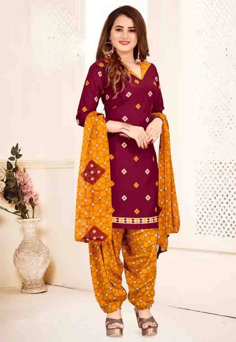 Maroon crepe printed unstitched dress material