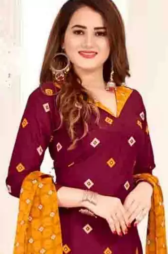 Maroon crepe printed unstitched dress material