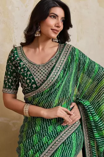 Green Striped Designer Saree for Women