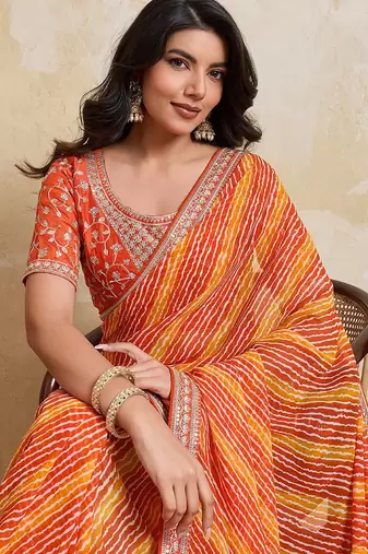 Orange Striped Designer Saree for Women