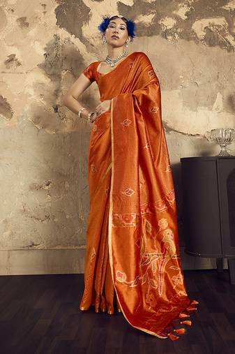 orange weaving silk blend saree
