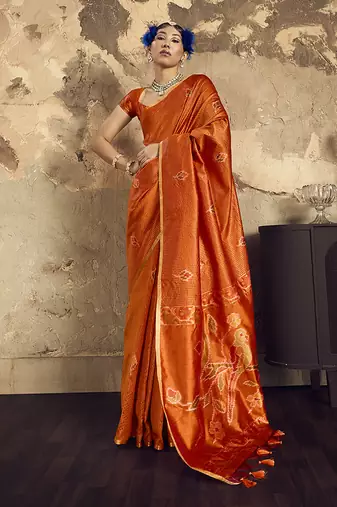 orange weaving silk blend saree