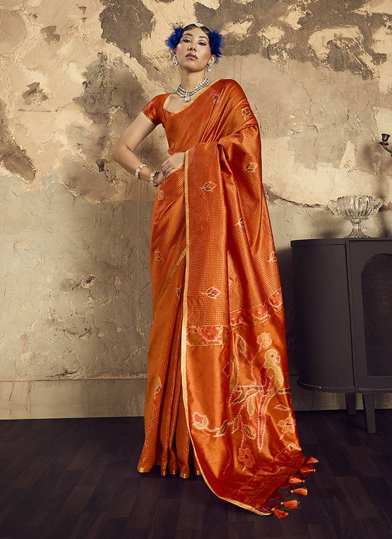 orange weaving silk blend saree