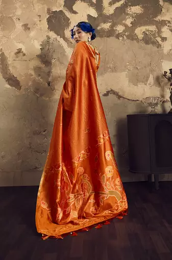 orange weaving silk blend saree