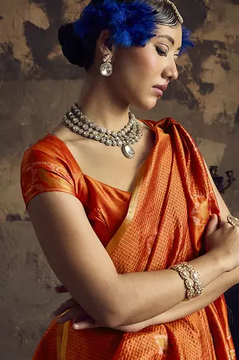 orange weaving silk blend saree