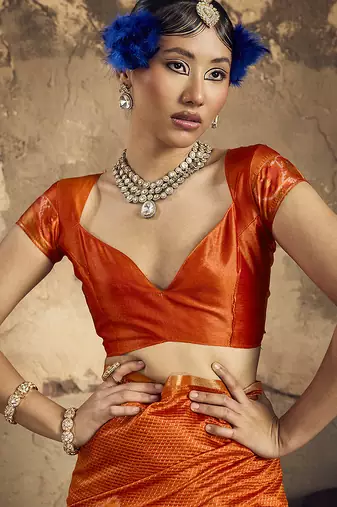 orange weaving silk blend saree