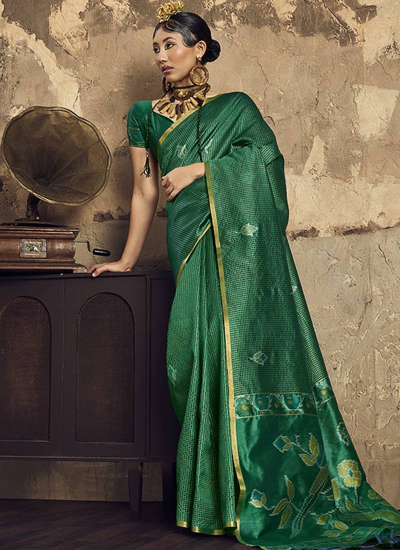 dark green weaving silk blend saree