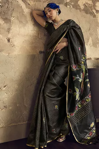 black weaving silk blend saree