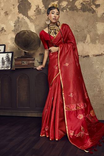 red weaving silk blend saree