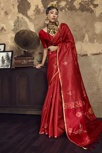red weaving silk blend saree