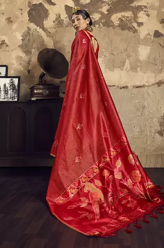 red weaving silk blend saree
