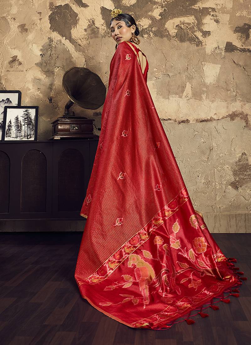 red weaving silk blend saree