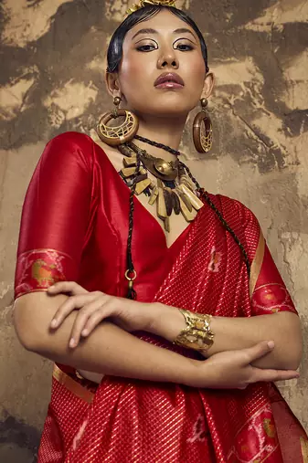 red weaving silk blend saree