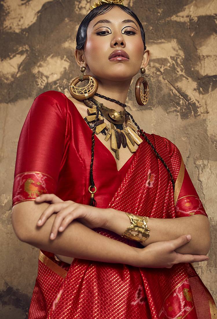 red weaving silk blend saree