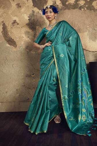 turquiose blue weaving silk blend saree