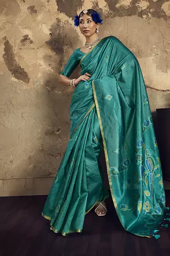 turquiose blue weaving silk blend saree