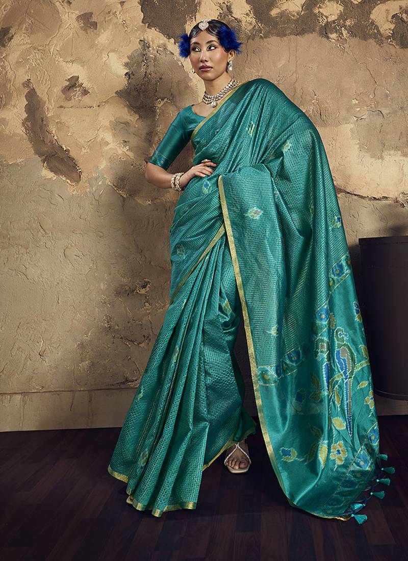 turquiose blue weaving silk blend saree