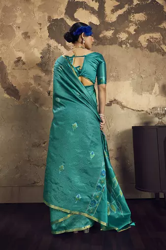 turquiose blue weaving silk blend saree