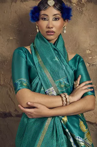 turquiose blue weaving silk blend saree