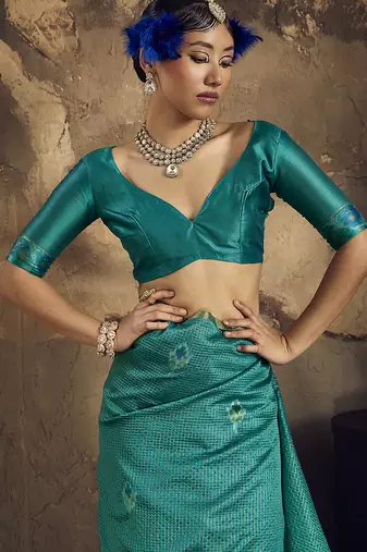 turquiose blue weaving silk blend saree