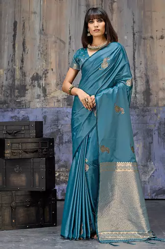 teal blue satin weaving silk blend saree