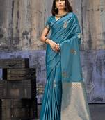 teal blue satin weaving silk blend saree