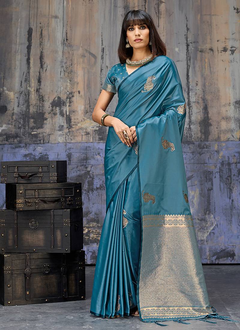 teal blue satin weaving silk blend saree