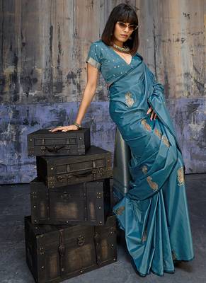 teal blue satin weaving silk blend saree 2