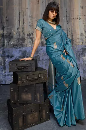 teal blue satin weaving silk blend saree