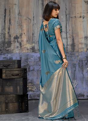 teal blue satin weaving silk blend saree 3