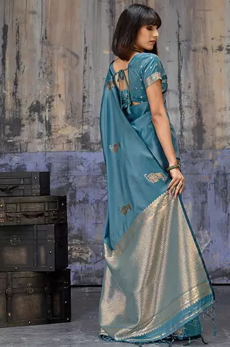 teal blue satin weaving silk blend saree