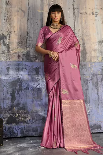 pink satin weaving silk blend saree