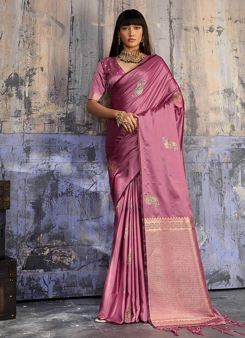 pink satin weaving silk blend saree