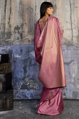 pink satin weaving silk blend saree