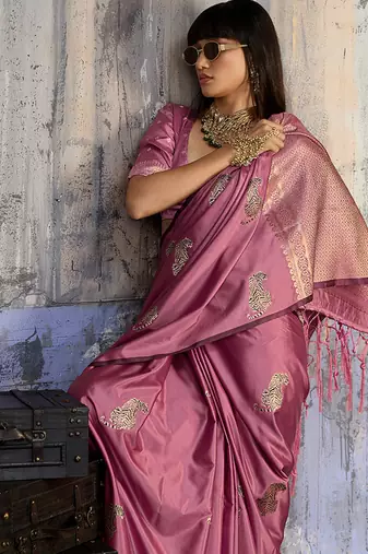 pink satin weaving silk blend saree
