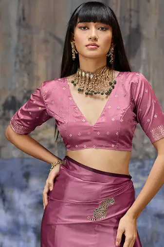 pink satin weaving silk blend saree