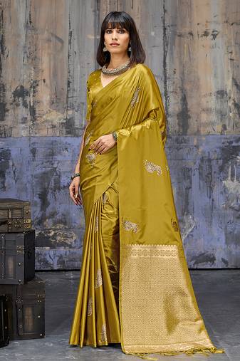 mustard satin weaving silk blend saree