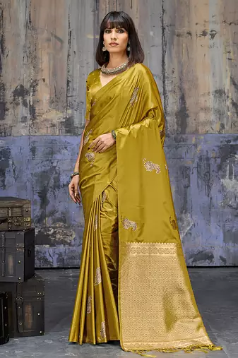 mustard satin weaving silk blend saree