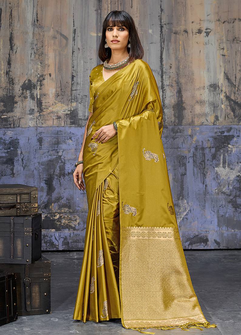 mustard satin weaving silk blend saree