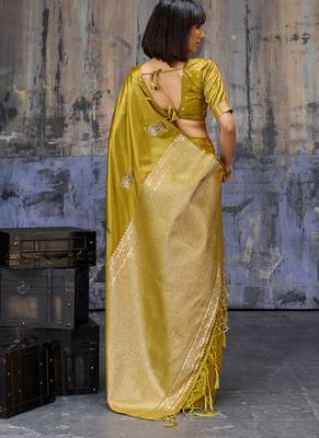 mustard satin weaving silk blend saree 2