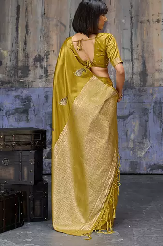 mustard satin weaving silk blend saree