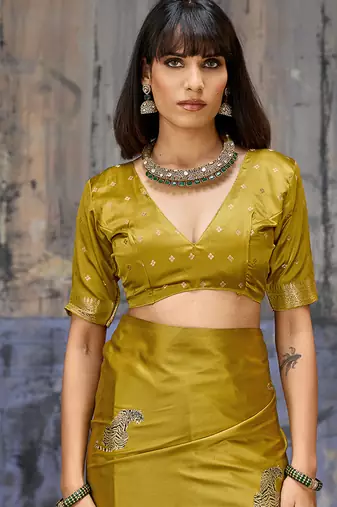 mustard satin weaving silk blend saree