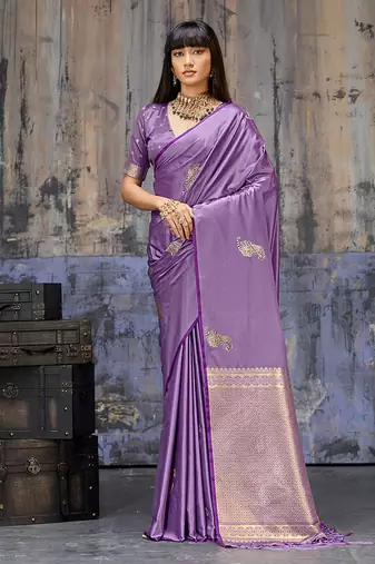 lavender satin weaving silk blend saree