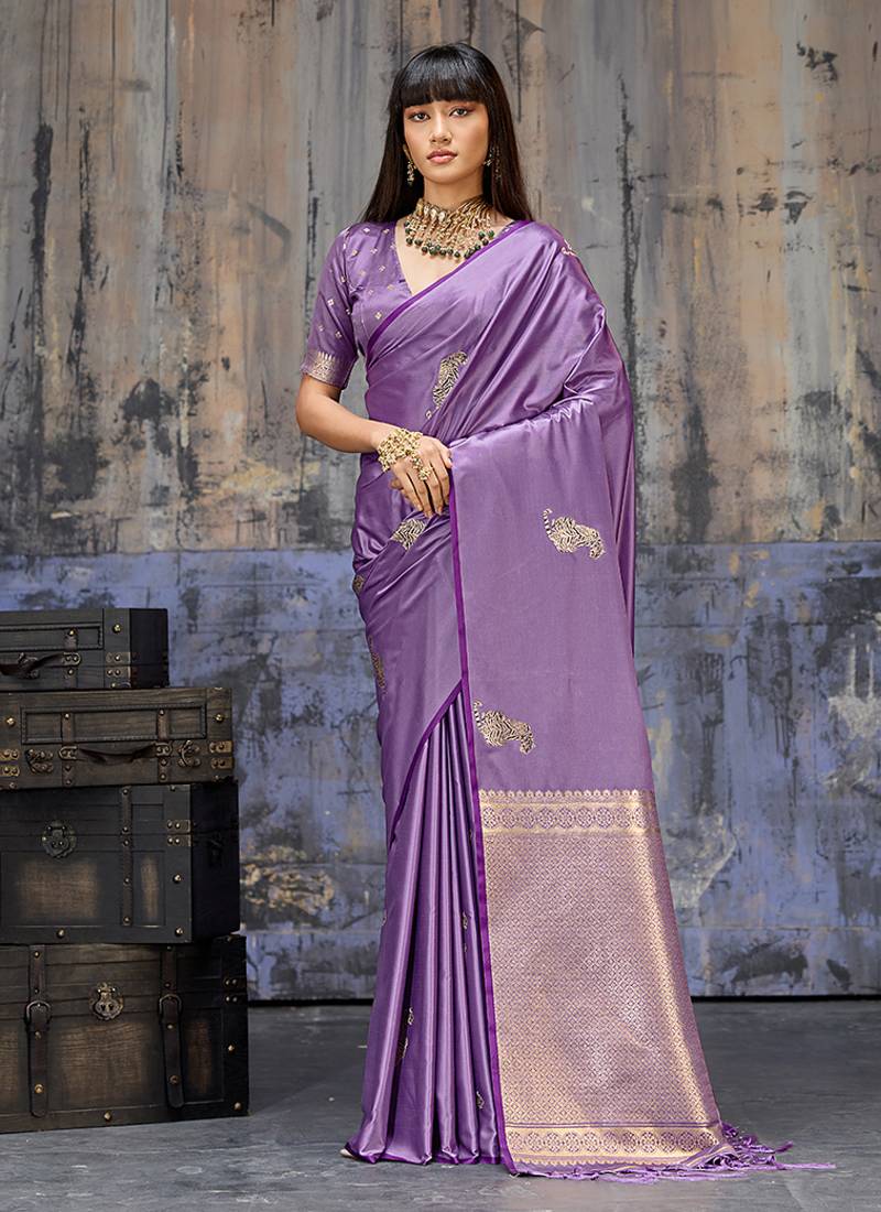 lavender satin weaving silk blend saree