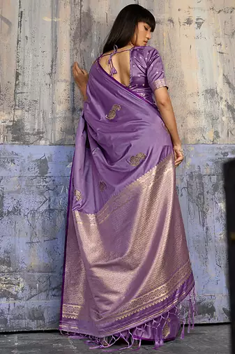 lavender satin weaving silk blend saree