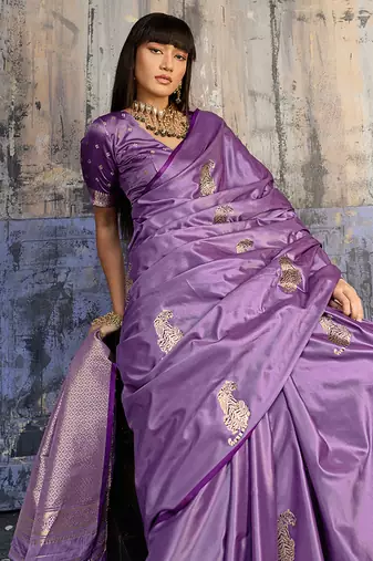 lavender satin weaving silk blend saree