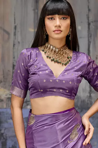 lavender satin weaving silk blend saree